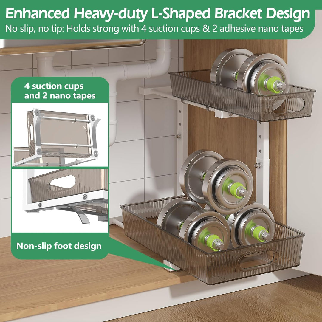ADRIMER Under Sink Organizer 2 Packs, Pull Out Kitchen Sink Organizer Height Adjustable, 2 Tier Slide Out Kitchen Organizers and Storage Metal Cabinet Storage Shelf, Grey & White - Just Closeouts Canada Inc.