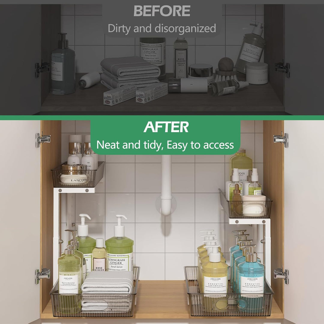 ADRIMER Under Sink Organizer 2 Packs, Pull Out Kitchen Sink Organizer Height Adjustable, 2 Tier Slide Out Kitchen Organizers and Storage Metal Cabinet Storage Shelf, Transparent & White - Just Closeouts Canada Inc.