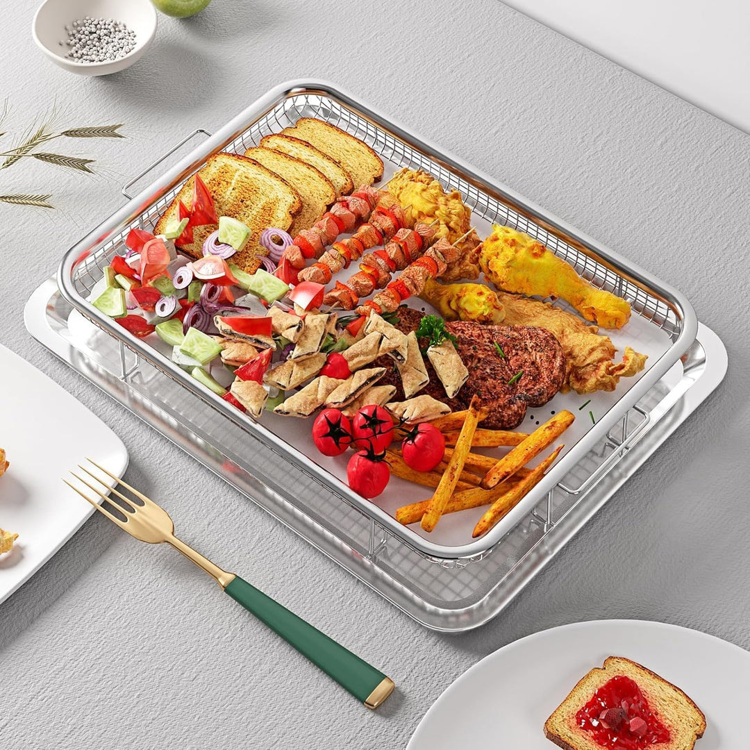 Air Fryer Basket, OPENICE 2 Set Air Fryer Basket and Tray for Oven, Stainless Steel Oven Crisper Tray and Pan for Crisping Fried, Chicken, Bacon - Large & Small - Just Closeouts Canada Inc.