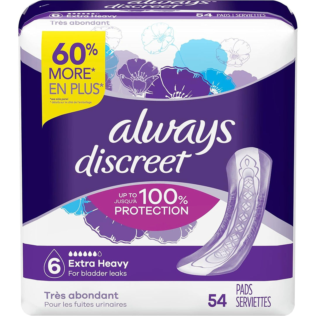 Always Discreet Adult Incontinence Pads for Women, Extra Heavy Absorbency, Long Length, Postpartum Pads, 54CT - Just Closeouts Canada Inc.