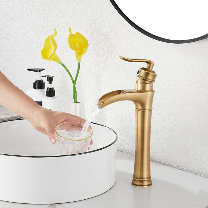 Antique Brass Bathroom Faucet GGStudy Waterfall Single Handle One Hole Farmhouse Bathroom Vessel Sink Faucet Matching Pop Up Drain - Just Closeouts Canada Inc.
