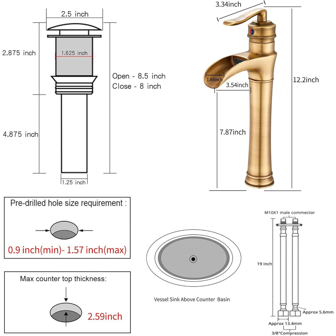 Antique Brass Bathroom Faucet GGStudy Waterfall Single Handle One Hole Farmhouse Bathroom Vessel Sink Faucet Matching Pop Up Drain - Just Closeouts Canada Inc.