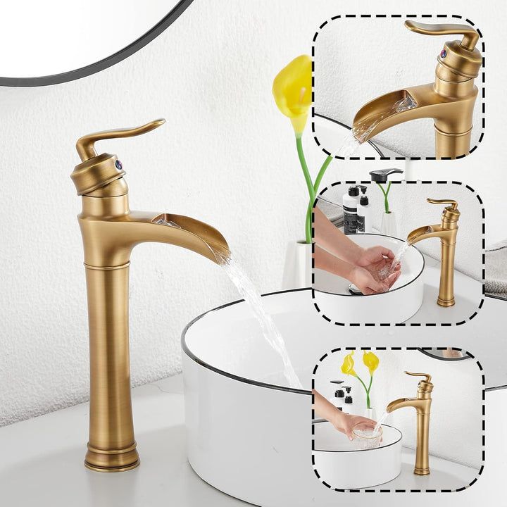 Antique Brass Bathroom Faucet GGStudy Waterfall Single Handle One Hole Farmhouse Bathroom Vessel Sink Faucet Matching Pop Up Drain - Just Closeouts Canada Inc.