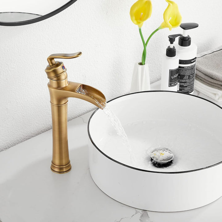 Antique Brass Bathroom Faucet GGStudy Waterfall Single Handle One Hole Farmhouse Bathroom Vessel Sink Faucet Matching Pop Up Drain - Just Closeouts Canada Inc.