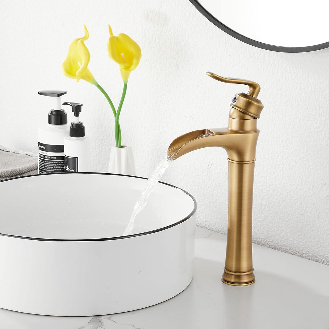 Antique Brass Bathroom Faucet GGStudy Waterfall Single Handle One Hole Farmhouse Bathroom Vessel Sink Faucet Matching Pop Up Drain - Just Closeouts Canada Inc.