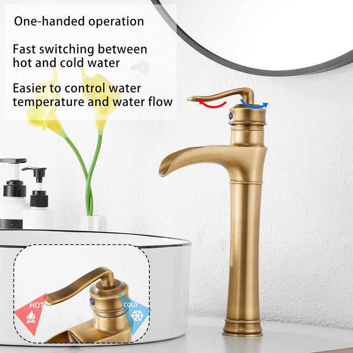 Antique Brass Bathroom Faucet GGStudy Waterfall Single Handle One Hole Farmhouse Bathroom Vessel Sink Faucet Matching Pop Up Drain - Just Closeouts Canada Inc.