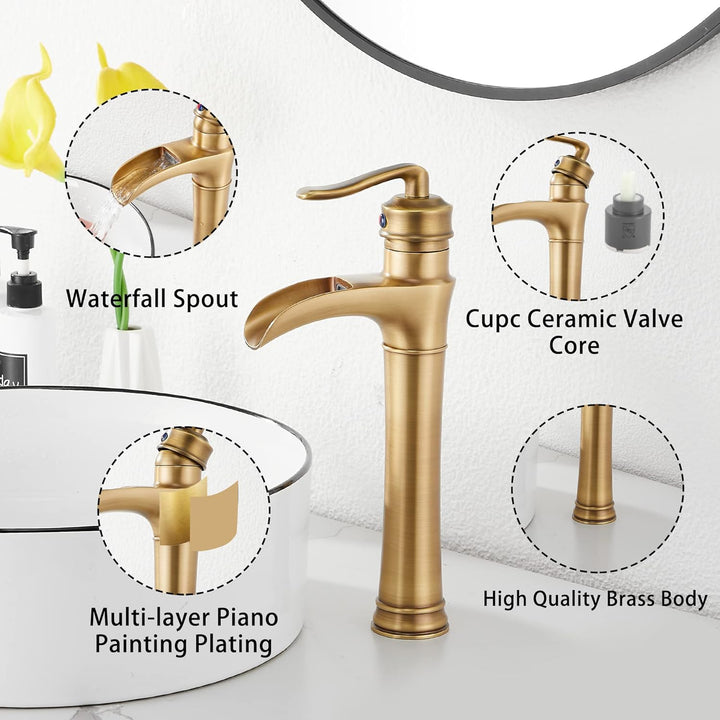 Antique Brass Bathroom Faucet GGStudy Waterfall Single Handle One Hole Farmhouse Bathroom Vessel Sink Faucet Matching Pop Up Drain - Just Closeouts Canada Inc.
