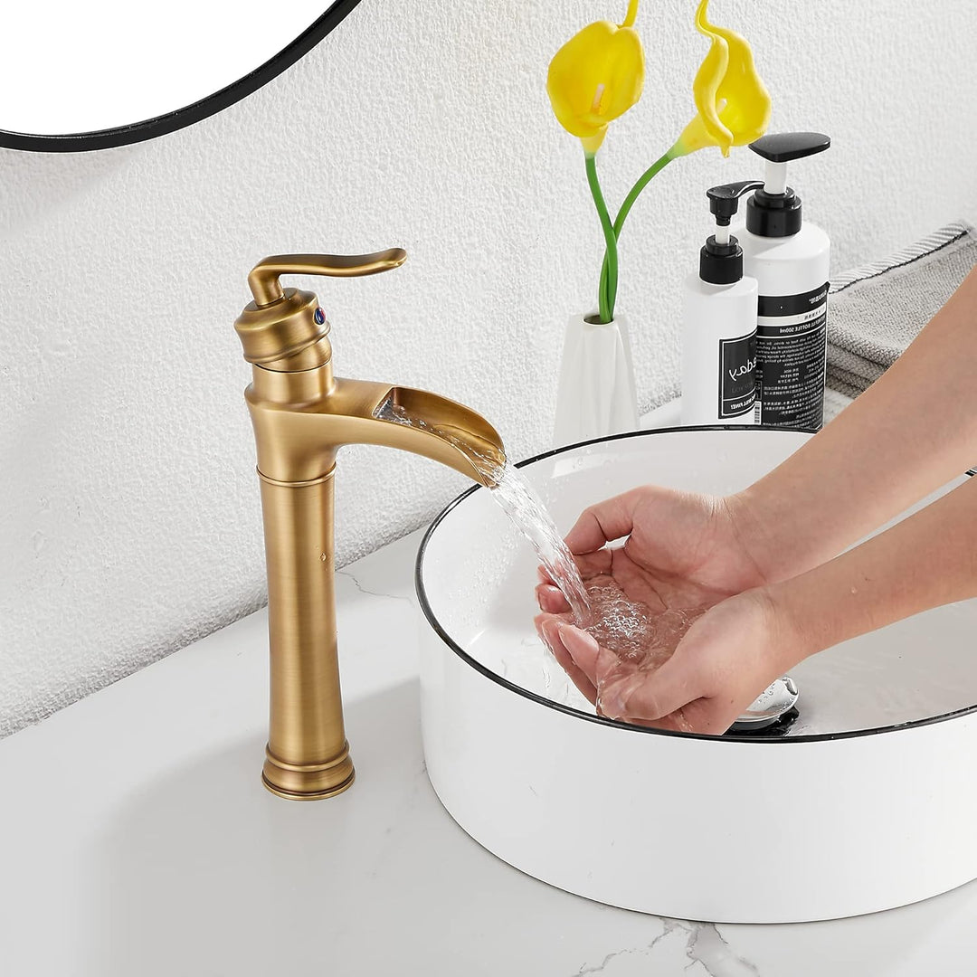 Antique Brass Bathroom Faucet GGStudy Waterfall Single Handle One Hole Farmhouse Bathroom Vessel Sink Faucet Matching Pop Up Drain - Just Closeouts Canada Inc.