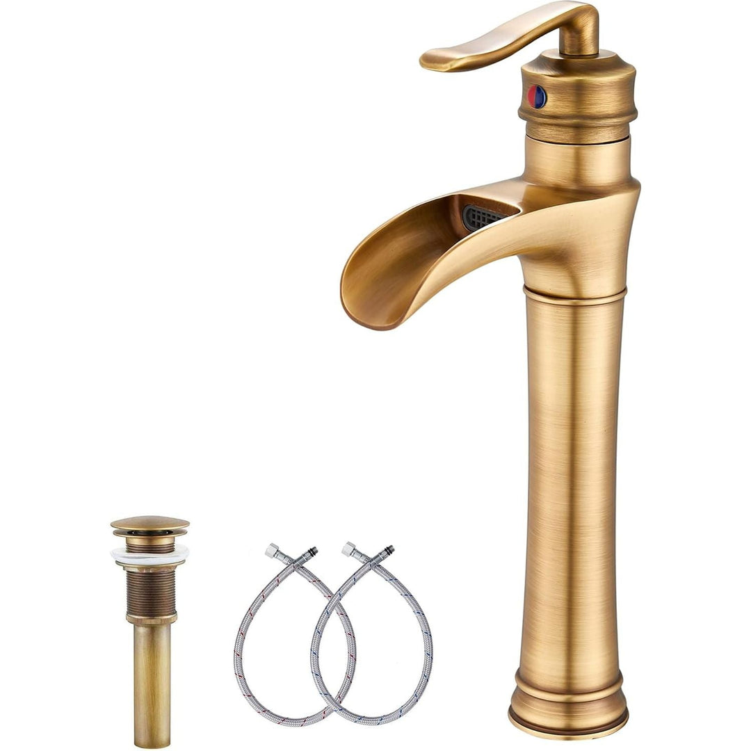 Antique Brass Bathroom Faucet GGStudy Waterfall Single Handle One Hole Farmhouse Bathroom Vessel Sink Faucet Matching Pop Up Drain - Just Closeouts Canada Inc.