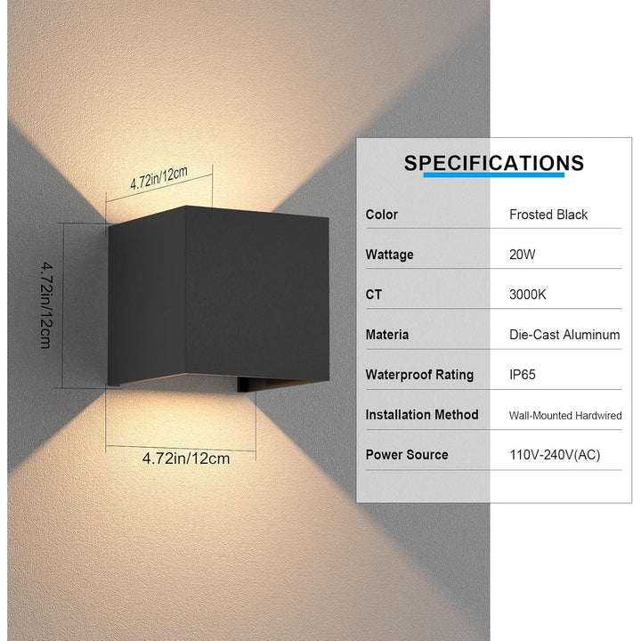 Aoceley Modern Outdoor LED Wall Lights,Aluminum IP65 Waterproof Wall Sconce,Exterior/Interior 20W 3000K LED Wall Sconces Cube Square Wall Lighting Fixture for House Yard Patio(Black,2 - Pack) - Just Closeouts Canada Inc.