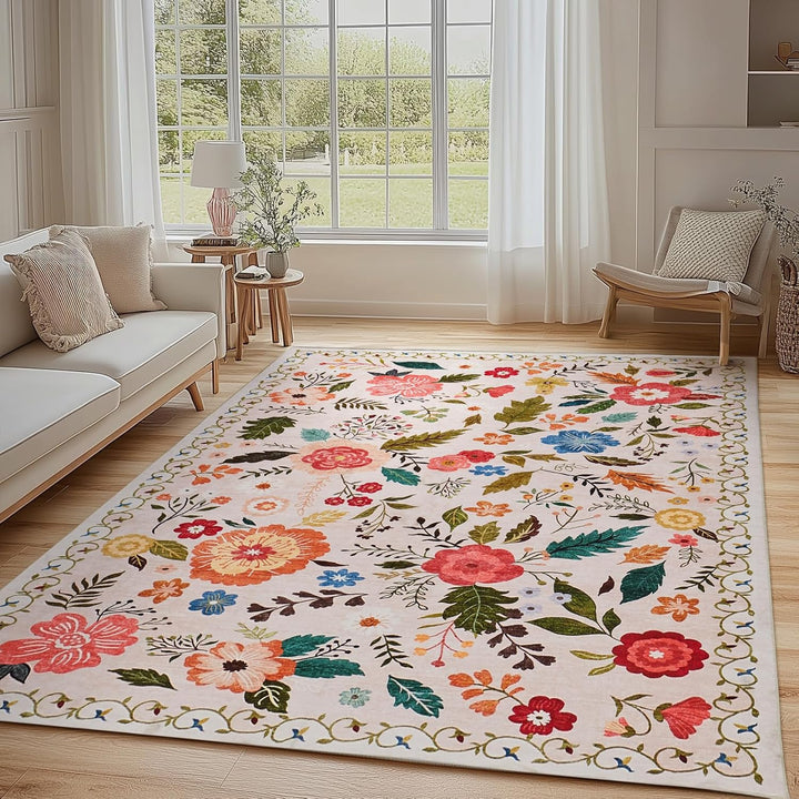 Area Rugs 5x7 for Living Room, Ultra Thin Floral Rug for Bedrooms Shag Non - Slip Soft Washable Indoor, Carpet Boho Low - Pile for Nursery, Dining Room, Office, Farmhouse(Beige with Pink) - Just Closeouts Canada Inc.