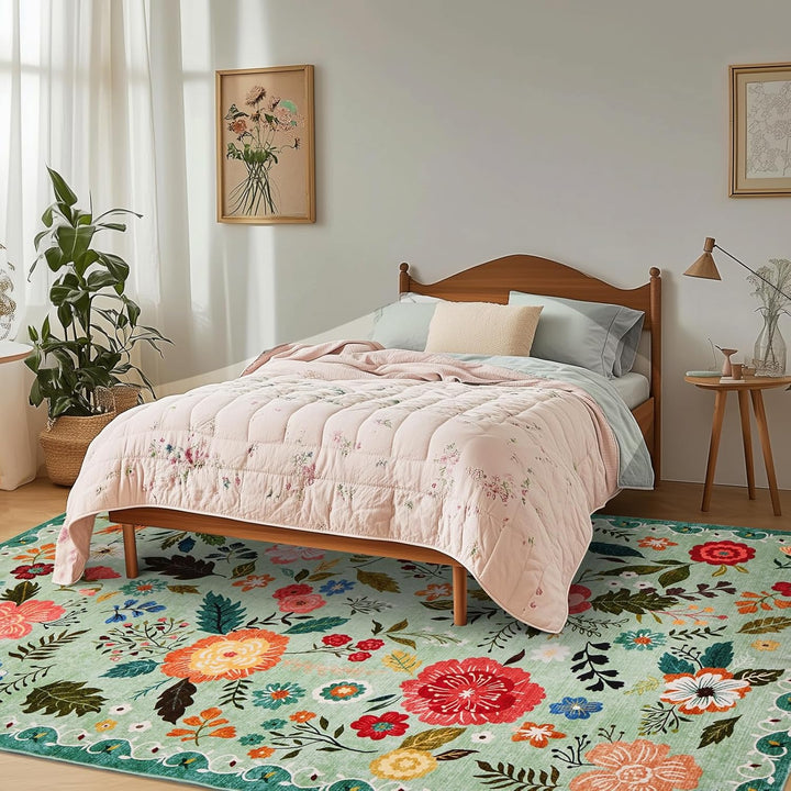 Area Rugs 5x7 for Living Room, Ultra Thin Floral Rug for Bedrooms Shag Non - Slip Soft Washable Indoor, Carpet Boho Low - Pile for Nursery, Dining Room, Office, Farmhouse(Green) - Just Closeouts Canada Inc.
