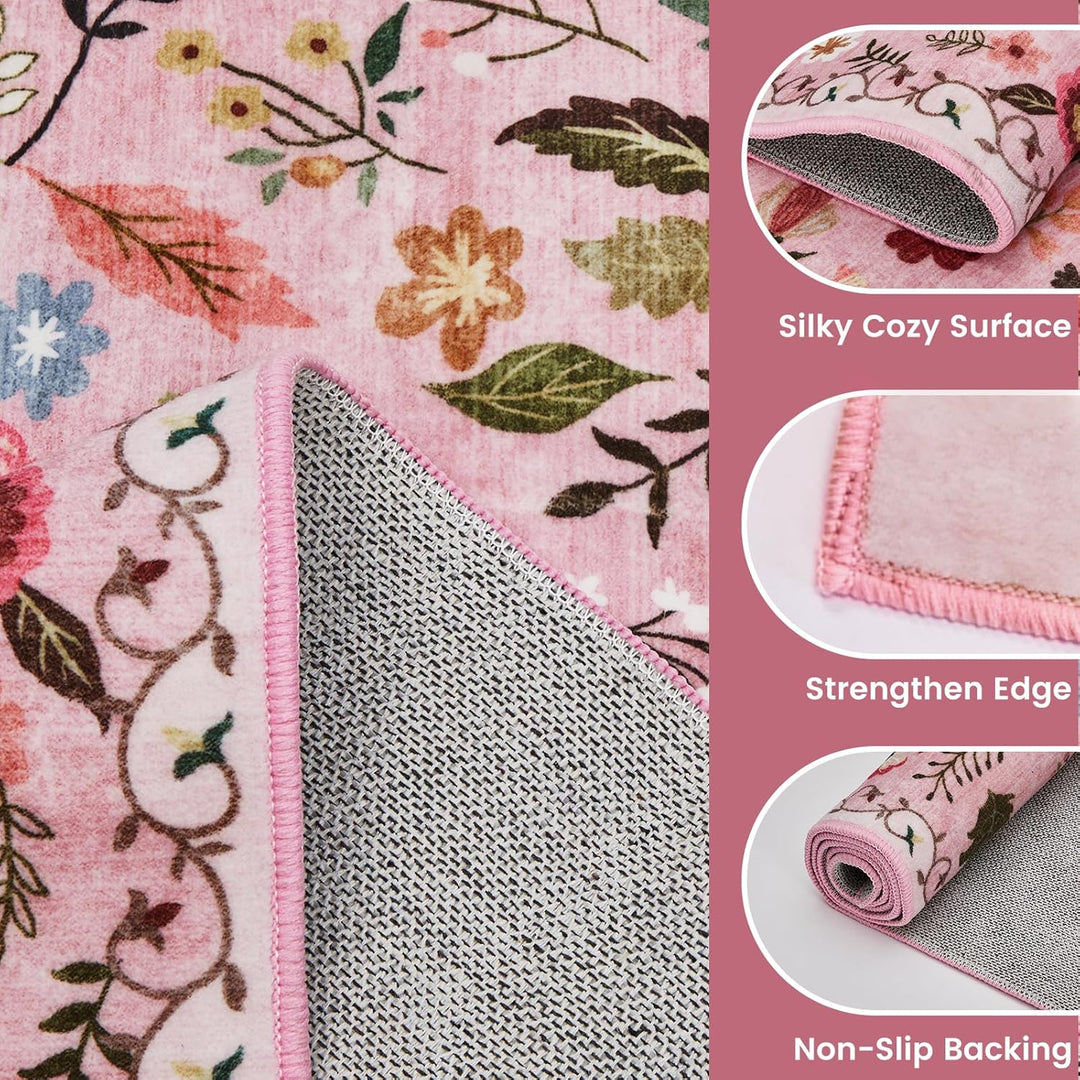 Area Rugs 5x7 for Living Room, Ultra Thin Floral Rug for Bedrooms Shag Non - Slip Soft Washable Indoor, Carpet Boho Low - Pile for Nursery, Dining Room, Office, Farmhouse(Pink) - Just Closeouts Canada Inc.