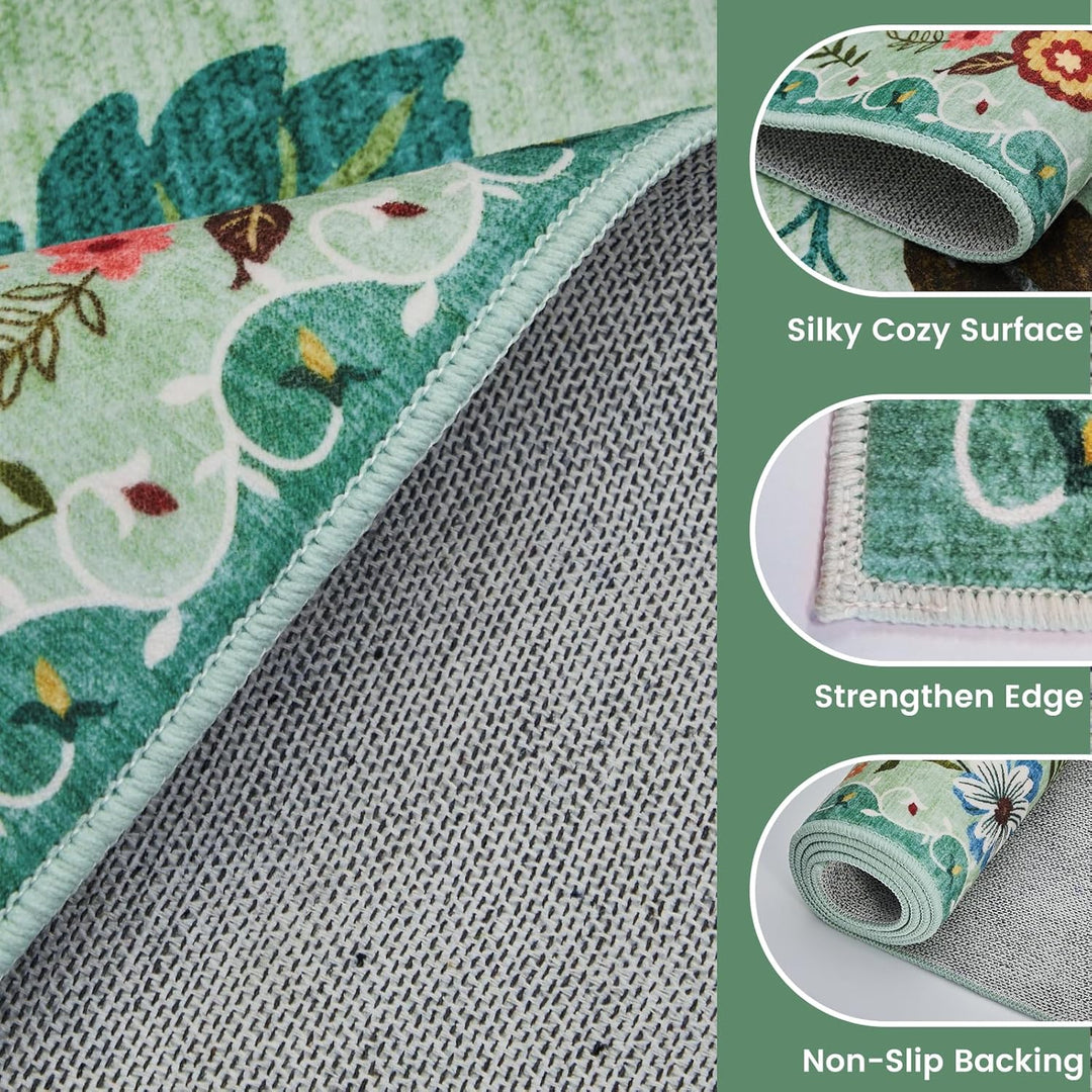 Area Rugs 5x7 for Living Room, Ultra Thin Floral Rug for Bedrooms Shag Non - Slip Soft Washable Indoor, Carpet Boho Low - Pile for Nursery, Dining Room, Office, Farmhouse(Green) - Just Closeouts Canada Inc.
