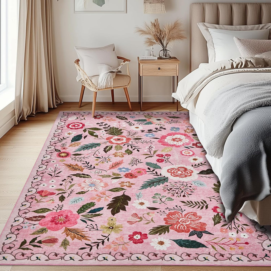 Area Rugs 5x7 for Living Room, Ultra Thin Floral Rug for Bedrooms Shag Non - Slip Soft Washable Indoor, Carpet Boho Low - Pile for Nursery, Dining Room, Office, Farmhouse(Pink) - Just Closeouts Canada Inc.