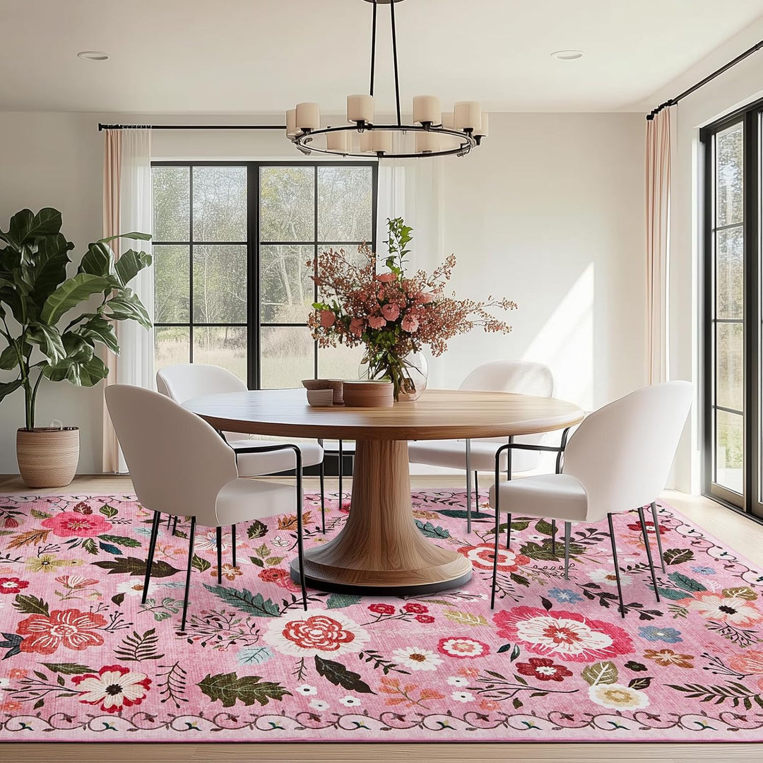 Area Rugs 5x7 for Living Room, Ultra Thin Floral Rug for Bedrooms Shag Non - Slip Soft Washable Indoor, Carpet Boho Low - Pile for Nursery, Dining Room, Office, Farmhouse(Pink) - Just Closeouts Canada Inc.