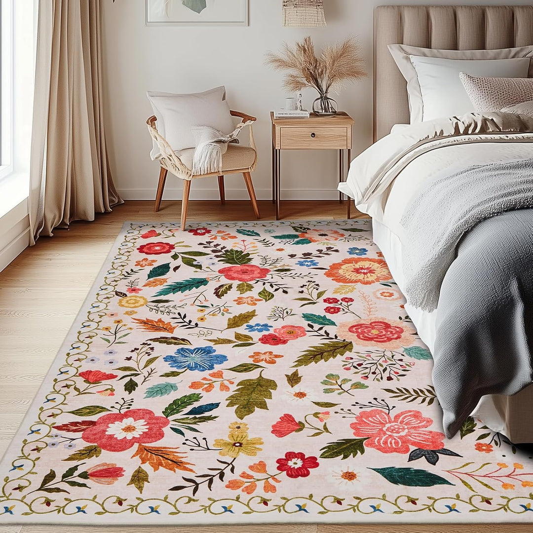 Area Rugs 5x7 for Living Room, Ultra Thin Floral Rug for Bedrooms Shag Non - Slip Soft Washable Indoor, Carpet Boho Low - Pile for Nursery, Dining Room, Office, Farmhouse(Beige with Pink) - Just Closeouts Canada Inc.