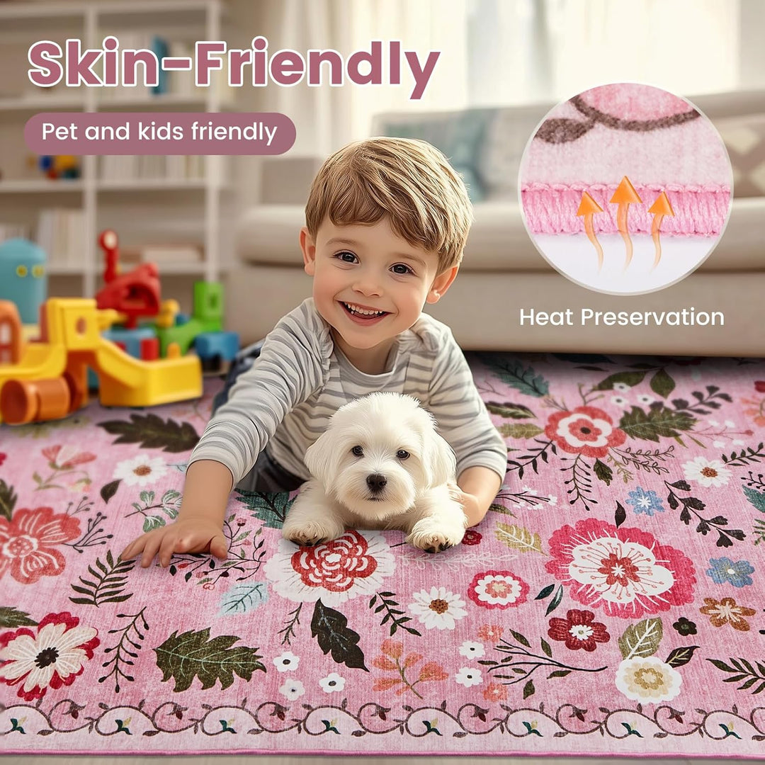 Area Rugs 5x7 for Living Room, Ultra Thin Floral Rug for Bedrooms Shag Non - Slip Soft Washable Indoor, Carpet Boho Low - Pile for Nursery, Dining Room, Office, Farmhouse(Pink) - Just Closeouts Canada Inc.