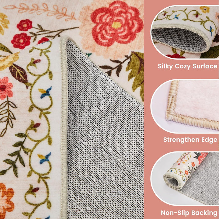Area Rugs 5x7 for Living Room, Ultra Thin Floral Rug for Bedrooms Shag Non - Slip Soft Washable Indoor, Carpet Boho Low - Pile for Nursery, Dining Room, Office, Farmhouse(Beige with Pink) - Just Closeouts Canada Inc.
