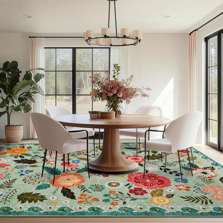 Area Rugs 5x7 for Living Room, Ultra Thin Floral Rug for Bedrooms Shag Non - Slip Soft Washable Indoor, Carpet Boho Low - Pile for Nursery, Dining Room, Office, Farmhouse(Green) - Just Closeouts Canada Inc.