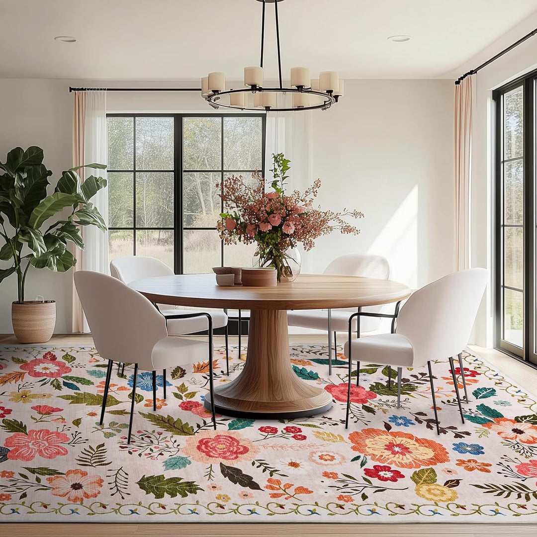 Area Rugs 5x7 for Living Room, Ultra Thin Floral Rug for Bedrooms Shag Non - Slip Soft Washable Indoor, Carpet Boho Low - Pile for Nursery, Dining Room, Office, Farmhouse(Beige with Pink) - Just Closeouts Canada Inc.