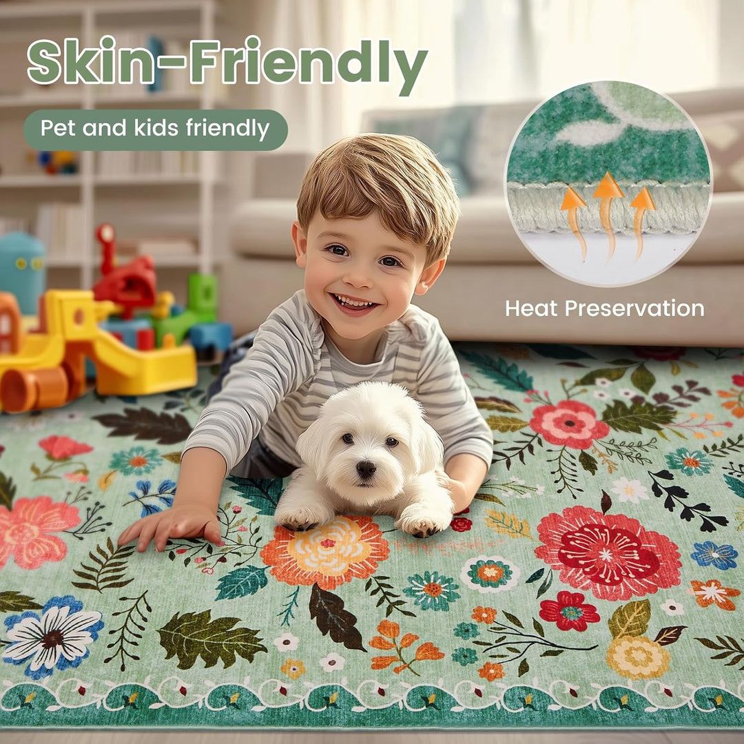 Area Rugs 5x7 for Living Room, Ultra Thin Floral Rug for Bedrooms Shag Non - Slip Soft Washable Indoor, Carpet Boho Low - Pile for Nursery, Dining Room, Office, Farmhouse(Green) - Just Closeouts Canada Inc.