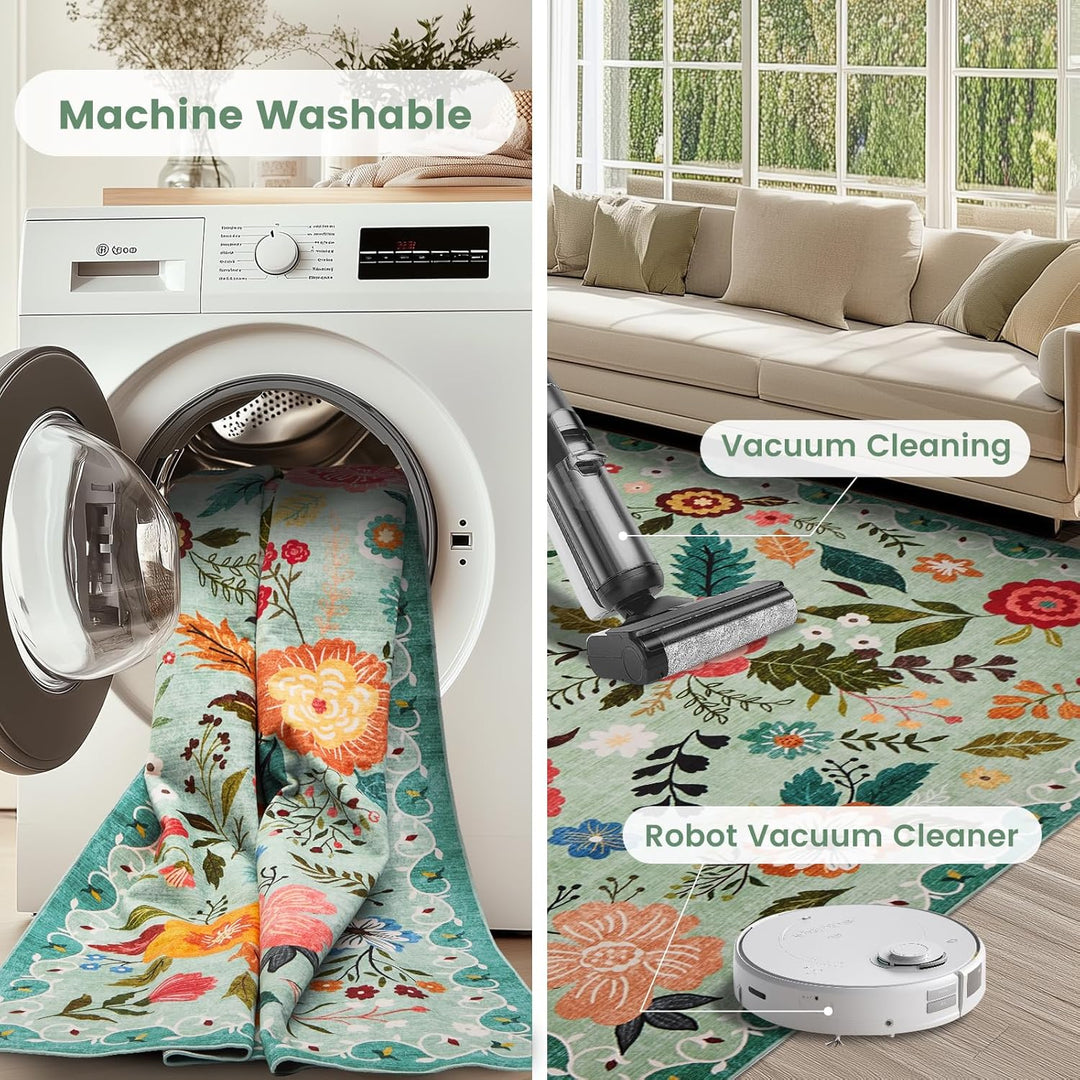 Area Rugs 5x7 for Living Room, Ultra Thin Floral Rug for Bedrooms Shag Non - Slip Soft Washable Indoor, Carpet Boho Low - Pile for Nursery, Dining Room, Office, Farmhouse(Green) - Just Closeouts Canada Inc.