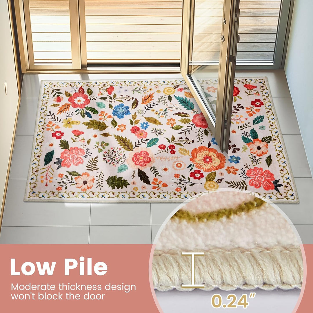 Area Rugs 5x7 for Living Room, Ultra Thin Floral Rug for Bedrooms Shag Non - Slip Soft Washable Indoor, Carpet Boho Low - Pile for Nursery, Dining Room, Office, Farmhouse(Beige with Pink) - Just Closeouts Canada Inc.