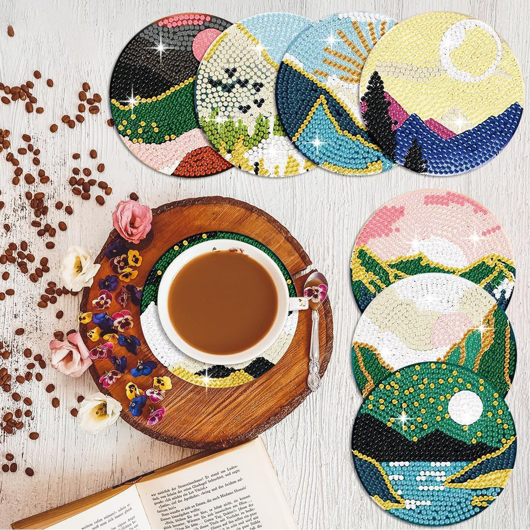 Art Diamond Painting Coasters with Holder for Adults DIY Diamond Art Kits for Beginners Adults Handicrafts Coaster Art with Stands 8 PCS (Landscape 2) - Just Closeouts Canada Inc.