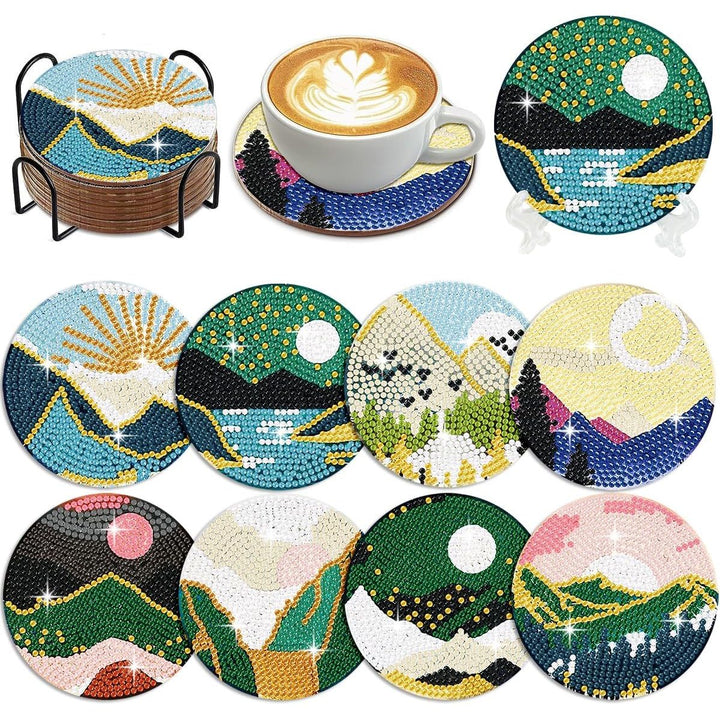 Art Diamond Painting Coasters with Holder for Adults DIY Diamond Art Kits for Beginners Adults Handicrafts Coaster Art with Stands 8 PCS (Landscape 2) - Just Closeouts Canada Inc.