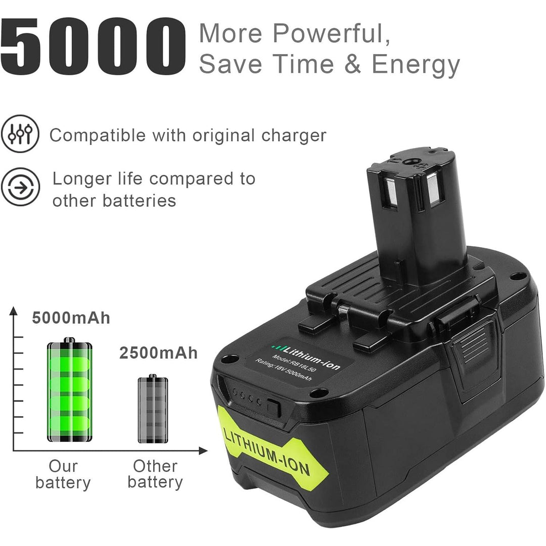 ARyee 18V 5000mAh Batterry Lithium Ion Replacement Battery for Ryobi P102 P103 P104 P105 P107 P108 P109 BPL - 1815 BPL - 1820G BPL1820 BPL18151 Cordless Power Tools - Just Closeouts Canada Inc.
