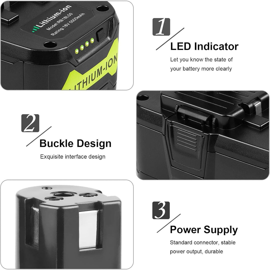 ARyee 18V 5000mAh Batterry Lithium Ion Replacement Battery for Ryobi P102 P103 P104 P105 P107 P108 P109 BPL - 1815 BPL - 1820G BPL1820 BPL18151 Cordless Power Tools - Just Closeouts Canada Inc.