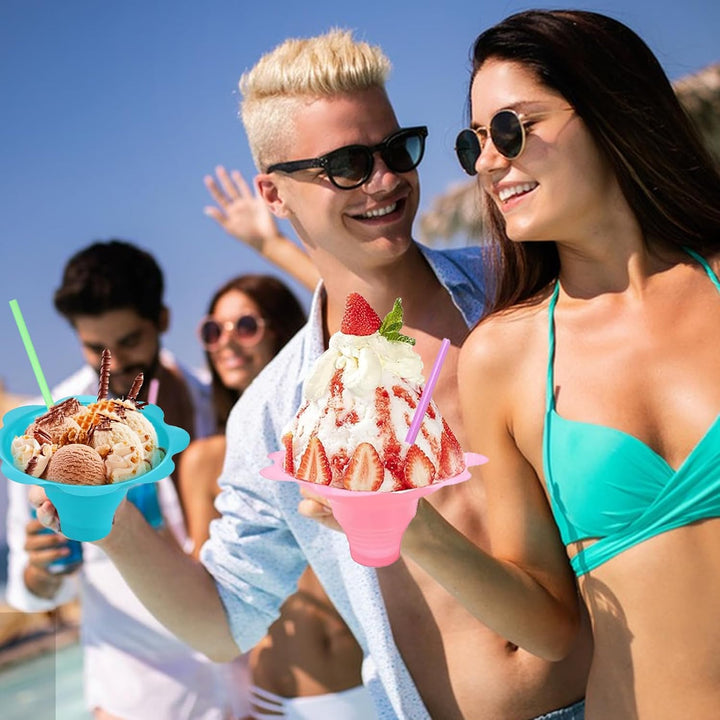 Auch 200Pcs 4oz Colorful Snow Cone Cups with Spoon Straws,Flower Shaped Ice Cream Snacks Cup Reusable Plastic Bowls Easy Grip for Birthday Summer Holiday Party (200pcs) - Just Closeouts Canada Inc.
