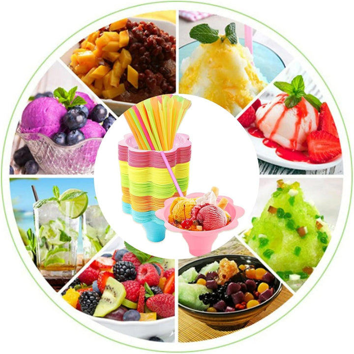 Auch 200Pcs 4oz Colorful Snow Cone Cups with Spoon Straws,Flower Shaped Ice Cream Snacks Cup Reusable Plastic Bowls Easy Grip for Birthday Summer Holiday Party (200pcs) - Just Closeouts Canada Inc.