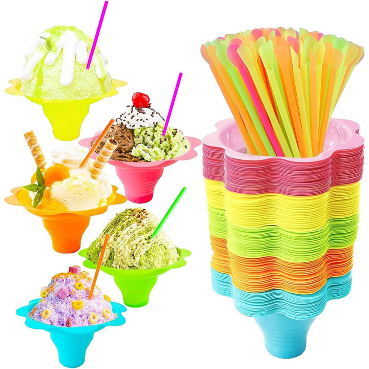 Auch 200Pcs 4oz Colorful Snow Cone Cups with Spoon Straws,Flower Shaped Ice Cream Snacks Cup Reusable Plastic Bowls Easy Grip for Birthday Summer Holiday Party (200pcs) - Just Closeouts Canada Inc.