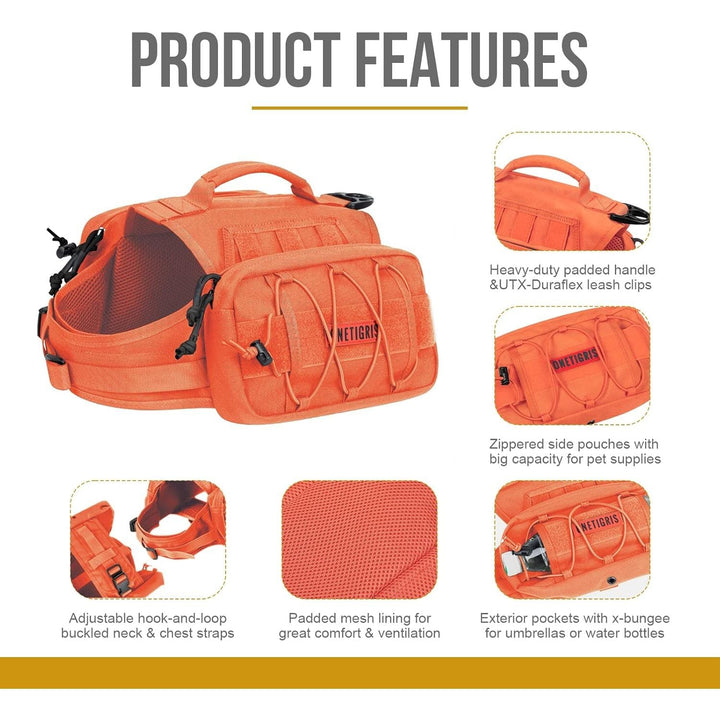 Backpack for Dogs to Wear Pet Back Pack with Padded Handle and Leash Attachment Point for Dog with 17" - 23.5" Neck Girth and 25" - 31" Chest (Orange, Medium) - Just Closeouts Canada Inc.