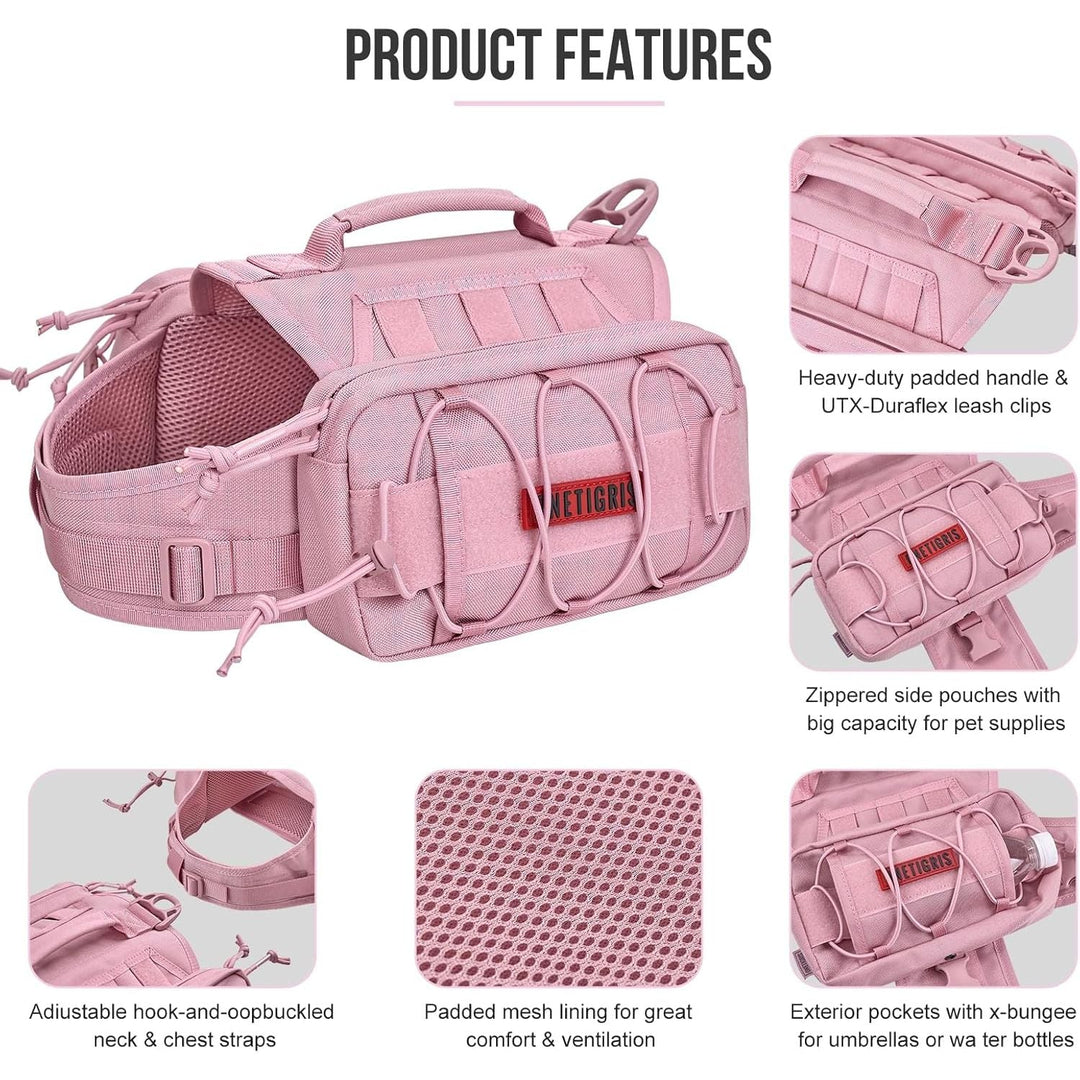 Backpack for Dogs to Wear Pet Back Pack with Padded Handle and Leash Attachment Point for Dog with 17"-23.5" Neck Girth and 25"-31" Chest (Pink, Large) - Just Closeouts Canada Inc.
