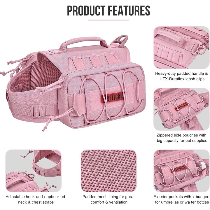 Backpack for Dogs to Wear Pet Back Pack with Padded Handle and Leash Attachment Point for Dog with 17" - 23.5" Neck Girth and 25" - 31" Chest (Pink, Medium) - Just Closeouts Canada Inc.