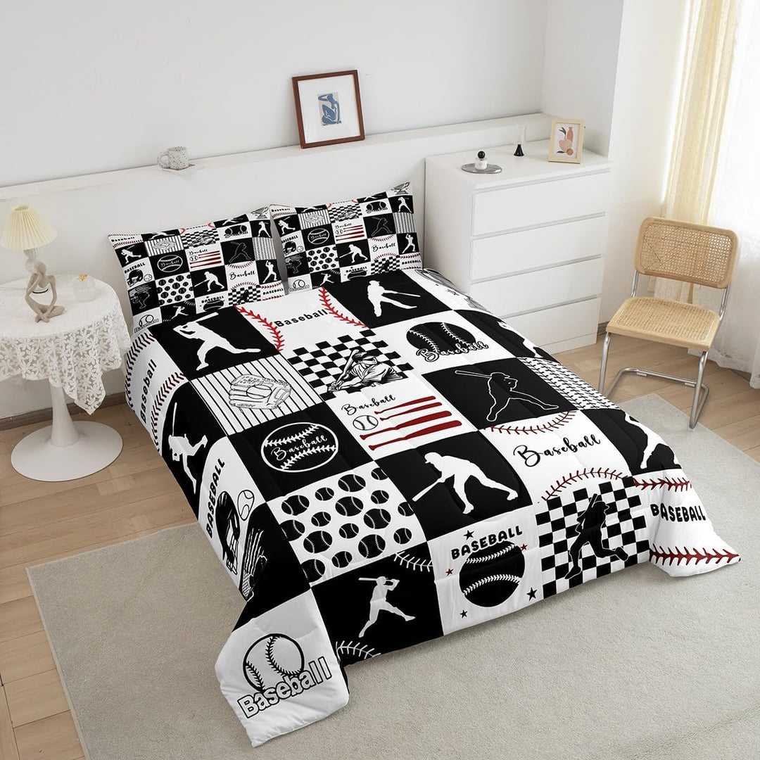 Baseball Comforter Set Full Size Baseball Gaming Bedding Set Kids Boys Girls Softball Ball Games White Black Plaid Comforter Sports Theme Quilt Set - Just Closeouts Canada Inc.X004YE7BKL