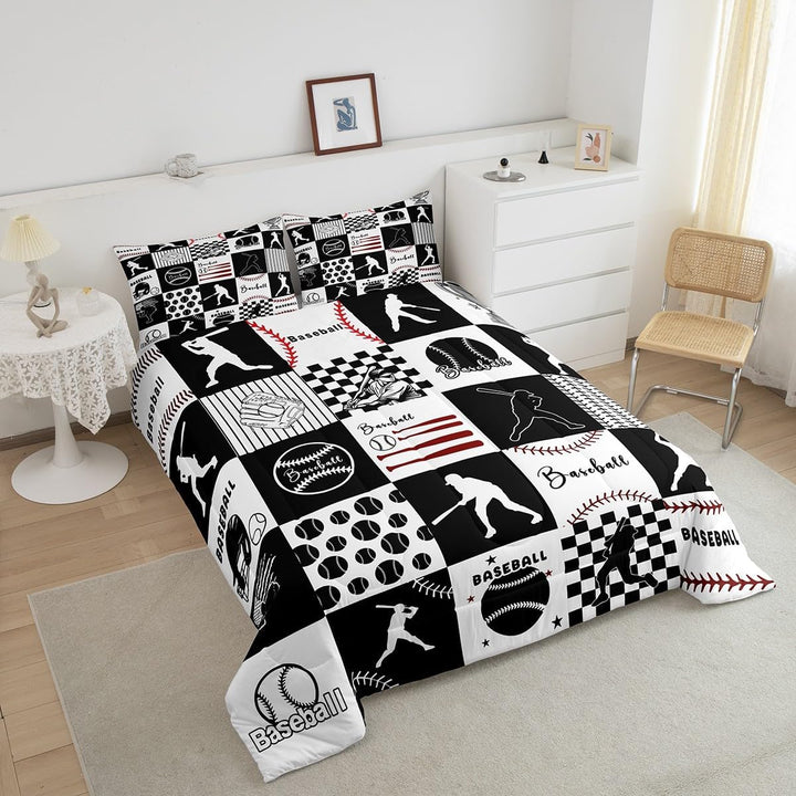 Baseball Comforter Set Full Size Baseball Gaming Bedding Set Kids Boys Girls Softball Ball Games White Black Plaid Comforter Sports Theme Quilt Set - Just Closeouts Canada Inc.X004YE7BKL