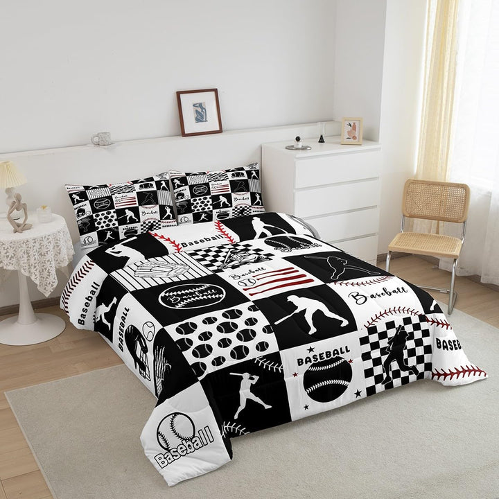 Baseball Comforter Set Full Size Baseball Gaming Bedding Set Kids Boys Girls Softball Ball Games White Black Plaid Comforter Sports Theme Quilt Set - Just Closeouts Canada Inc.X004YE7BKL