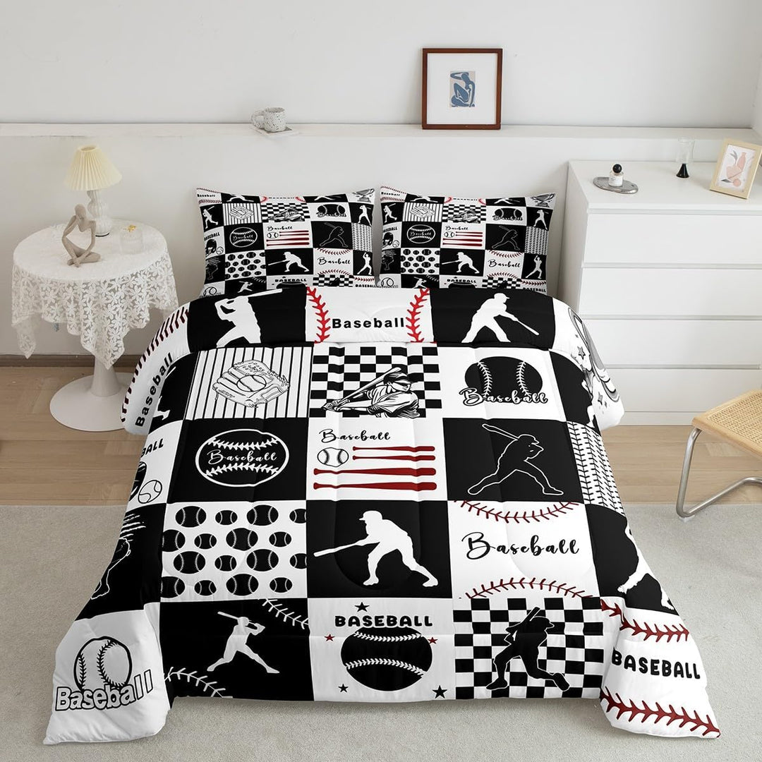 Baseball Comforter Set Full Size Baseball Gaming Bedding Set Kids Boys Girls Softball Ball Games White Black Plaid Comforter Sports Theme Quilt Set - Just Closeouts Canada Inc.X004YE7BKL