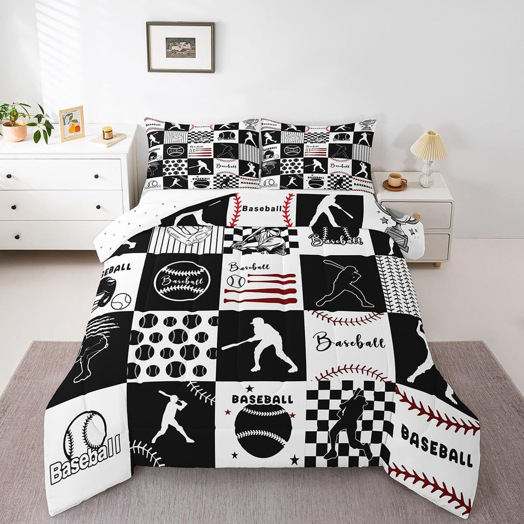 Baseball Comforter Set Full Size Baseball Gaming Bedding Set Kids Boys Girls Softball Ball Games White Black Plaid Comforter Sports Theme Quilt Set - Just Closeouts Canada Inc.X004YE7BKL