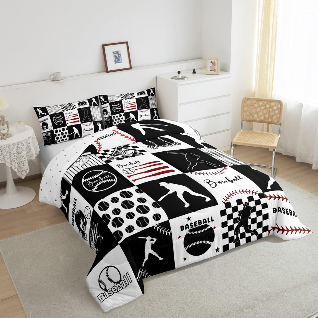 Baseball Comforter Set Full Size Baseball Gaming Bedding Set Kids Boys Girls Softball Ball Games White Black Plaid Comforter Sports Theme Quilt Set - Just Closeouts Canada Inc.X004YE7BKL