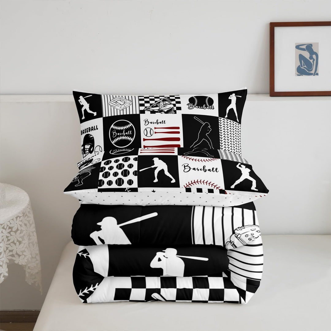Baseball Comforter Set Full Size Baseball Gaming Bedding Set Kids Boys Girls Softball Ball Games White Black Plaid Comforter Sports Theme Quilt Set - Just Closeouts Canada Inc.X004YE7BKL