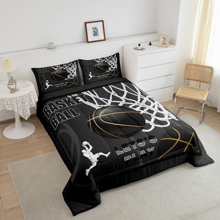Basketball Comforter Set Twin Size Basketball Player Bedding Set Kids Boys Girls 3D Ball Pattern Gaming Sports Black Comforter Sports Theme Quilt Set - Just Closeouts Canada Inc.X004VYDZMR