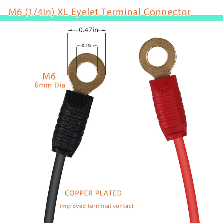 M6 quarter-inch battery eyelet terminals close-up