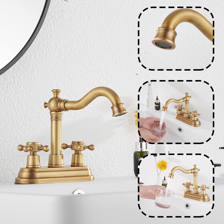 Bathroom Faucet Antique Brass GGStudy 2 Handles 4 Inches Centerset Faucet Bathroom Vanity Faucet with Drain Assembly and Supply Hose Lavatory Faucet Mixer Double Handle Tap Deck Mounted - Just Closeouts Canada Inc.