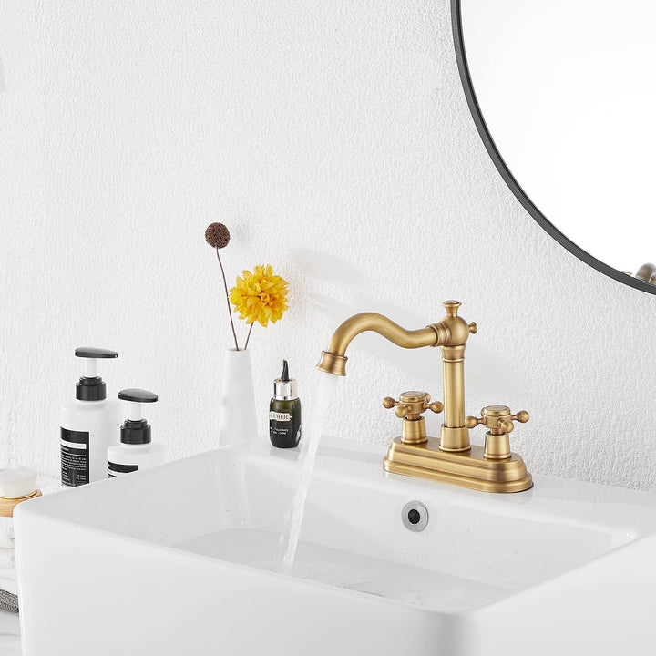Bathroom Faucet Antique Brass GGStudy 2 Handles 4 Inches Centerset Faucet Bathroom Vanity Faucet with Drain Assembly and Supply Hose Lavatory Faucet Mixer Double Handle Tap Deck Mounted - Just Closeouts Canada Inc.