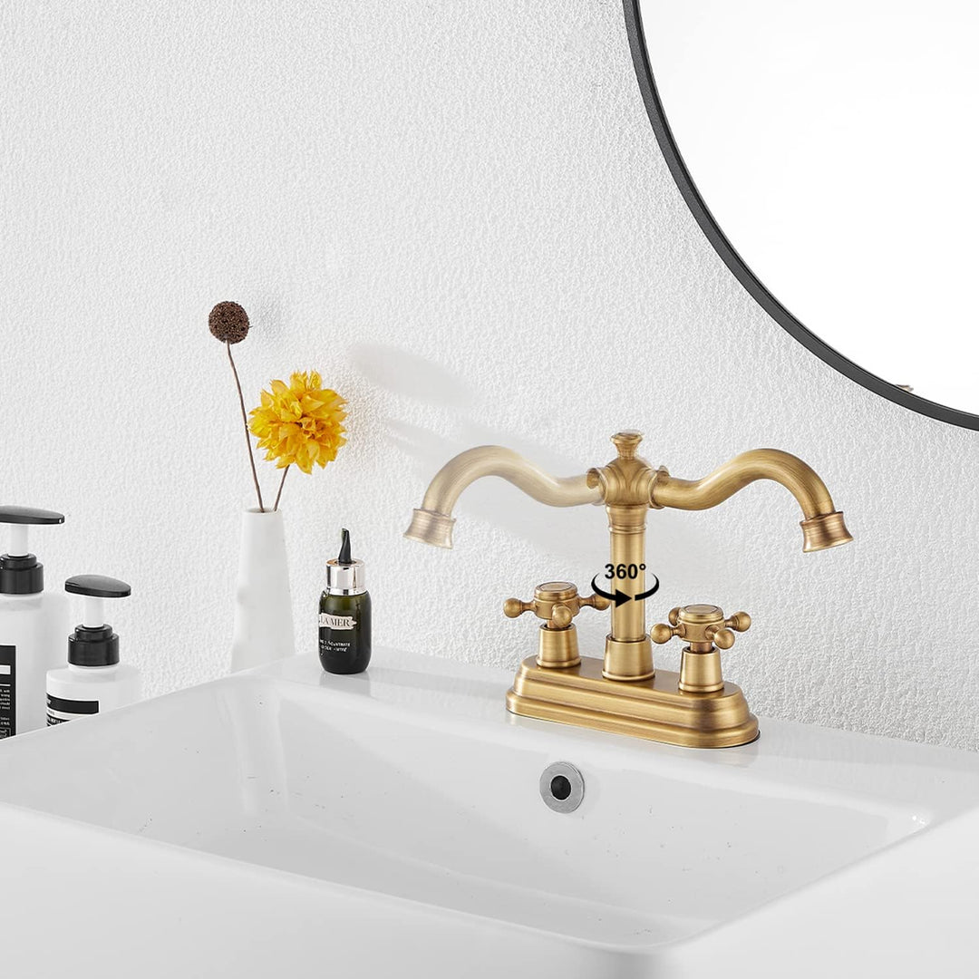 Bathroom Faucet Antique Brass GGStudy 2 Handles 4 Inches Centerset Faucet Bathroom Vanity Faucet with Drain Assembly and Supply Hose Lavatory Faucet Mixer Double Handle Tap Deck Mounted - Just Closeouts Canada Inc.